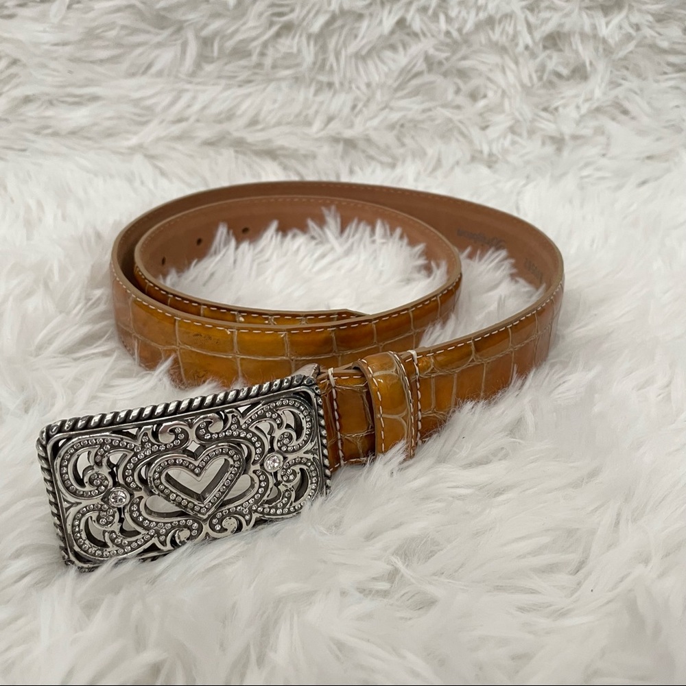 Brighton Patent Leather Alligator Belt Tan Cognac Silver filigree Heart 34 Large